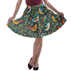 Birds Pattern Flowers Whimsical A-line Skater Skirt by Salmanaz77