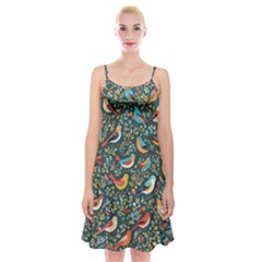 Birds Pattern Flowers Whimsical Spaghetti Strap Velvet Dress