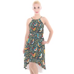 Birds Pattern Flowers Whimsical High-low Halter Chiffon Dress  by Salmanaz77