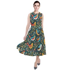 Birds Pattern Flowers Whimsical Round Neck Boho Dress by Salmanaz77