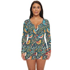 Birds Pattern Flowers Whimsical Long Sleeve Boyleg Swimsuit