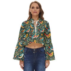 Birds Pattern Flowers Whimsical Boho Long Bell Sleeve Top