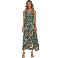 Birds Pattern Flowers Whimsical V-neck Sleeveless Wide Leg Pants Overalls by Salmanaz77