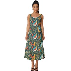 Birds Pattern Flowers Whimsical Square Neckline Tiered Midi Dress by Salmanaz77