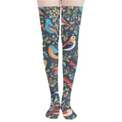 Birds Pattern Flowers Whimsical Thigh High Stockings