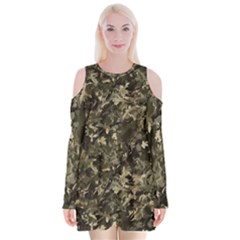 Camouflage Army Survival Uniform Velvet Long Sleeve Shoulder Cutout Dress