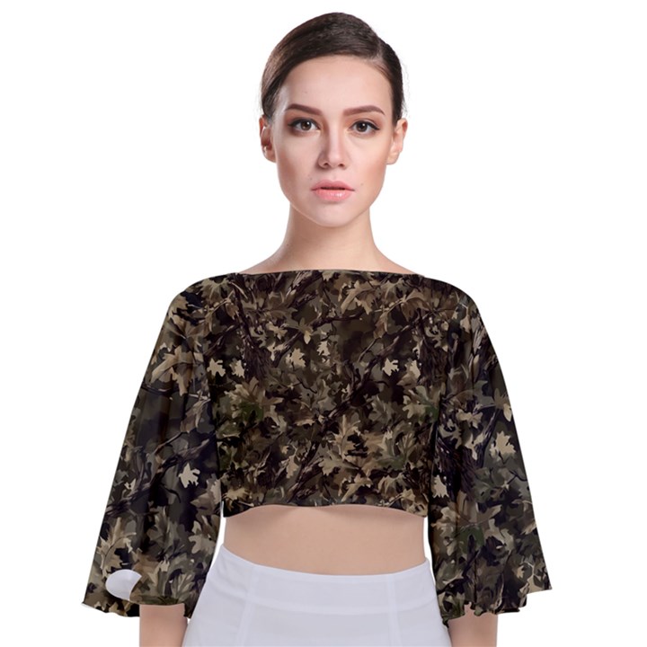 Camouflage Army Survival Uniform Tie Back Butterfly Sleeve Chiffon Top