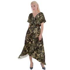 Camouflage Army Survival Uniform Cross Front Sharkbite Hem Maxi Dress by Posterlux