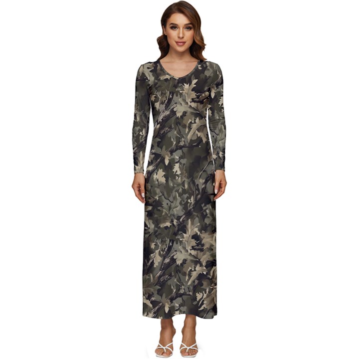 Camouflage Army Survival Uniform Long Sleeve Longline Maxi Dress