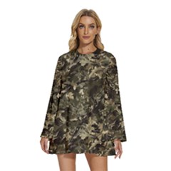 Camouflage Army Survival Uniform Round Neck Long Sleeve Bohemian Style Chiffon Mini Dress by Posterlux