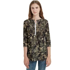 Camouflage Army Survival Uniform Women s Zip Front V-neck 3/4 Sleeve Casual Top Pocket Shirt