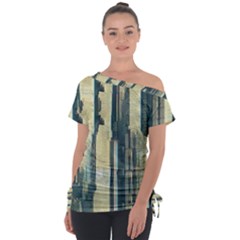 Texture Abstract Buildings Off Shoulder Tie-up T-shirt