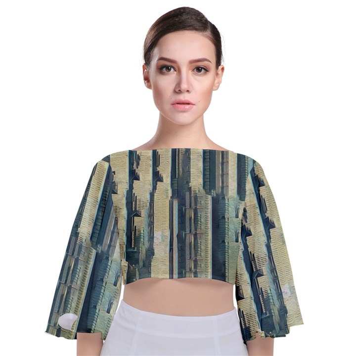 Texture Abstract Buildings Tie Back Butterfly Sleeve Chiffon Top