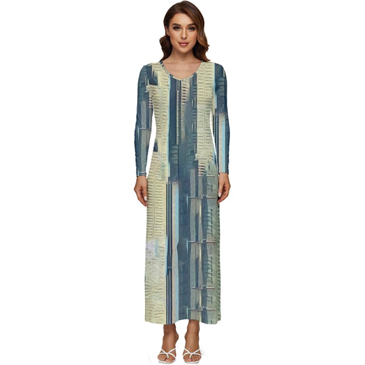 Texture Abstract Buildings Long Sleeve Longline Maxi Dress