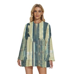 Texture Abstract Buildings Round Neck Long Sleeve Bohemian Style Chiffon Mini Dress