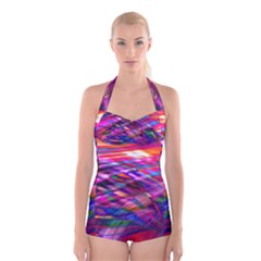 Wave Lines Pattern Abstract Boyleg Halter Swimsuit 