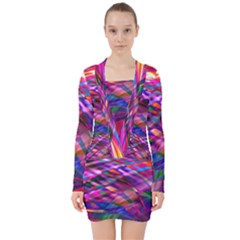 Wave Lines Pattern Abstract V-neck Bodycon Long Sleeve Dress