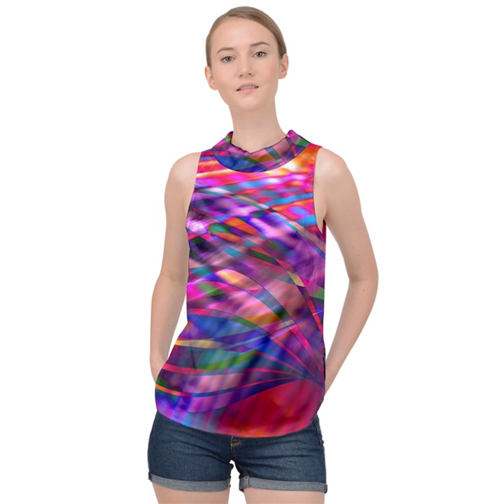 Wave Lines Pattern Abstract High Neck Satin Top