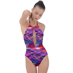 Wave Lines Pattern Abstract Plunge Cut Halter Swimsuit