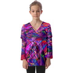 Wave Lines Pattern Abstract Kids  V Neck Casual Top