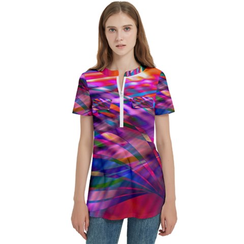 Wave Lines Pattern Abstract Women s Zip Front V-neck Short Sleeve Casual Top Pocket Shirt by anzea