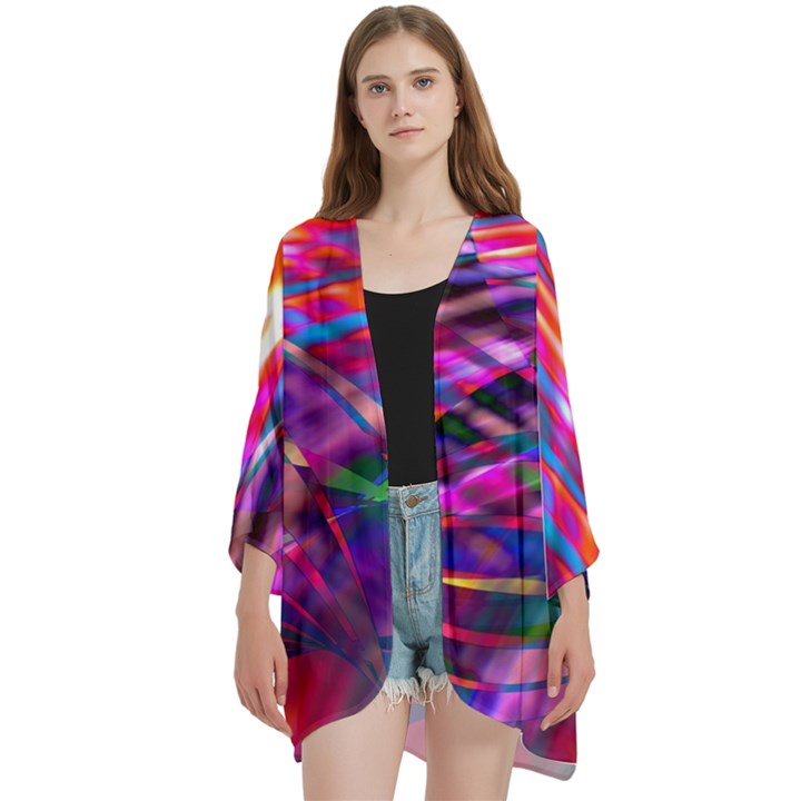 Wave Lines Pattern Abstract Open Front 3/4 Sleeve Batwing Chiffon Cardigan Kimono