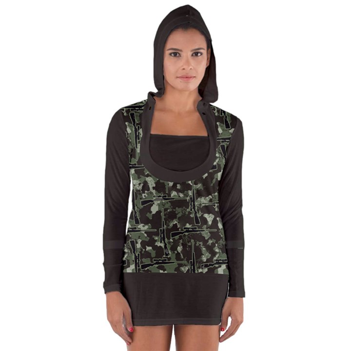 Precision Pursuit: Hunting Motif Camouflage Pattern Long Sleeve Hooded T-shirt