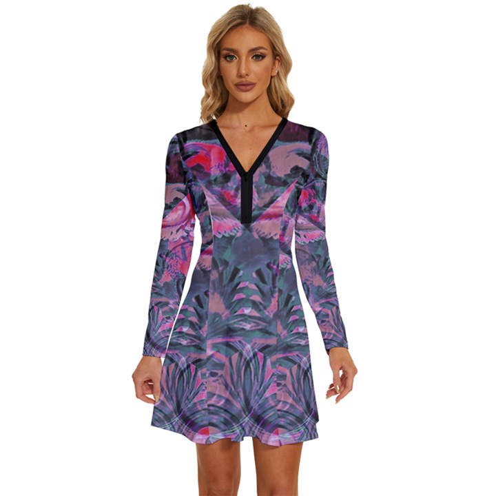 Alien Architecture Ii Long Sleeve Deep V Mini Dress 