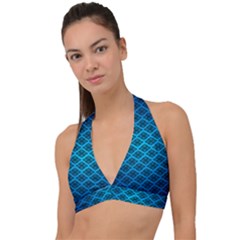 Pattern Texture Geometric Blue Halter Plunge Bikini Top