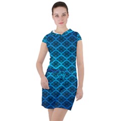 Pattern Texture Geometric Blue Drawstring Hooded Dress