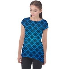 Pattern Texture Geometric Blue Cap Sleeve High Low Top