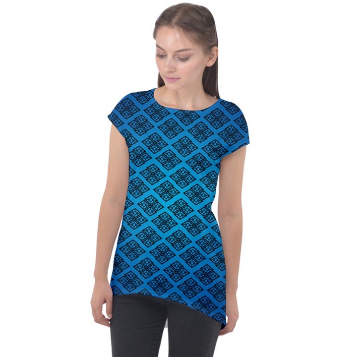 Pattern Texture Geometric Blue Cap Sleeve High Low Top