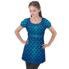 Pattern Texture Geometric Blue Puff Sleeve Tunic Top by anzea