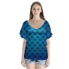 Pattern Texture Geometric Blue V-neck Flutter Sleeve Top