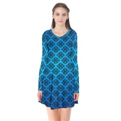 Pattern Texture Geometric Blue Long Sleeve V-neck Flare Dress