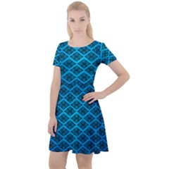 Pattern Texture Geometric Blue Cap Sleeve Velour Dress 