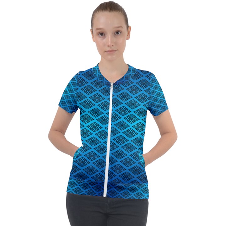 Pattern Texture Geometric Blue Short Sleeve Zip Up Jacket