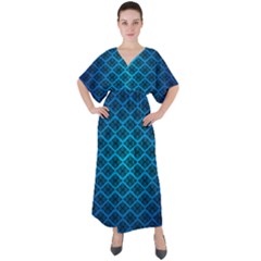 Pattern Texture Geometric Blue V-neck Boho Style Maxi Dress