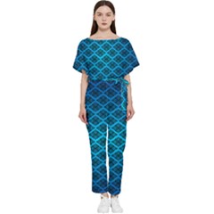 Pattern Texture Geometric Blue Batwing Lightweight Chiffon Jumpsuit