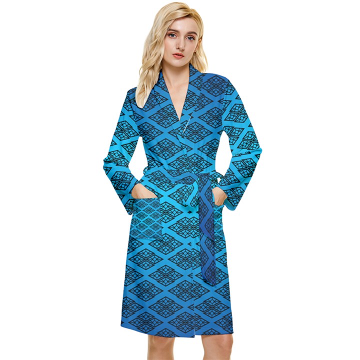 Pattern Texture Geometric Blue Long Sleeve Velvet Robe