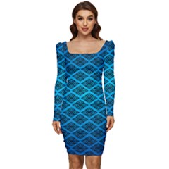 Pattern Texture Geometric Blue Women Long Sleeve Ruched Stretch Jersey Dress