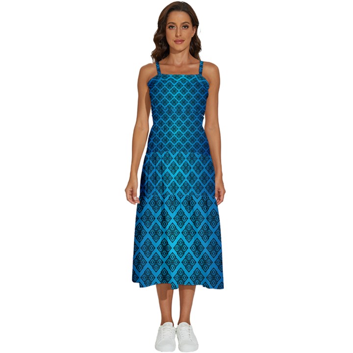 Pattern Texture Geometric Blue Sleeveless Shoulder Straps Boho Dress