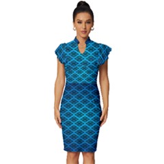 Pattern Texture Geometric Blue Vintage Frill Sleeve V-neck Bodycon Dress by anzea