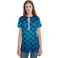 Pattern Texture Geometric Blue Women s Zip Front V-neck Short Sleeve Casual Top Pocket Shirt