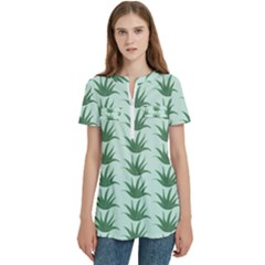 Aloe Plants Pattern Scrapbook Women s Zip Front V-neck Short Sleeve Casual Top Pocket Shirt