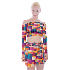 Abstract Geometry Blocks Off Shoulder Top With Mini Skirt Set