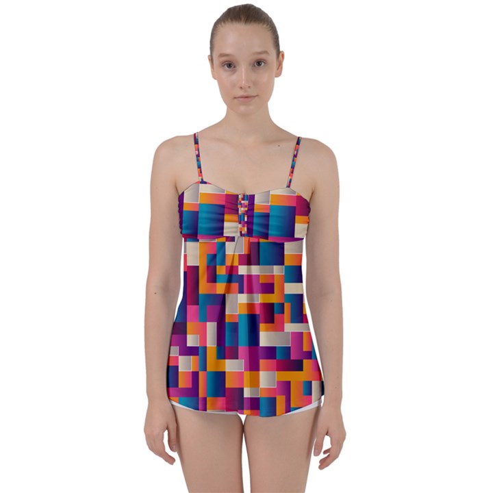 Abstract Geometry Blocks Babydoll Tankini Top