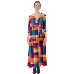 Abstract Geometry Blocks Button Up Boho Maxi Dress