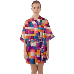 Abstract Geometry Blocks Half Sleeve Satin Kimono 