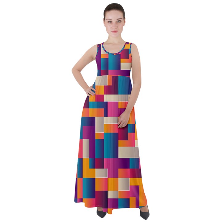 Abstract Geometry Blocks Empire Waist Velour Maxi Dress